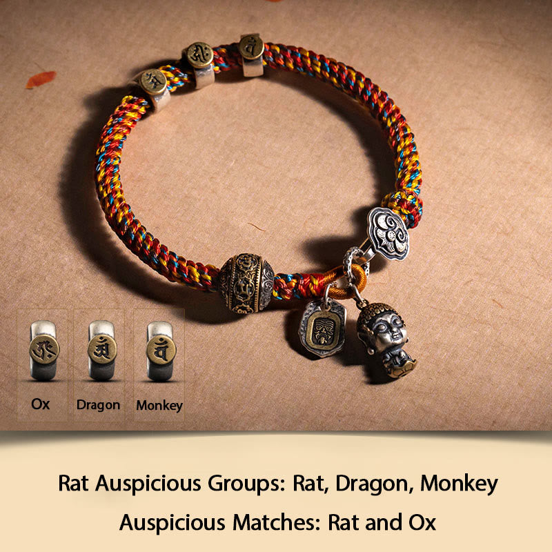 Buddha Stones Handmade Tibetan 925 Sterling Silver Chinese Zodiac Natal Buddha Zakiram Goddess of Wealth Protection Multicolored Rope Braided Bracelet - Rat-Thousand-armed Avalokitesvara - 17-19cm - image 1