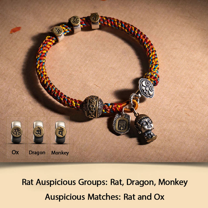 Buddha Stones Handmade Tibetan 925 Sterling Silver Chinese Zodiac Natal Buddha Zakiram Goddess of Wealth Protection Multicolored Rope Braided Bracelet - Rat-Thousand-armed Avalokitesvara - 17-19cm - image 1