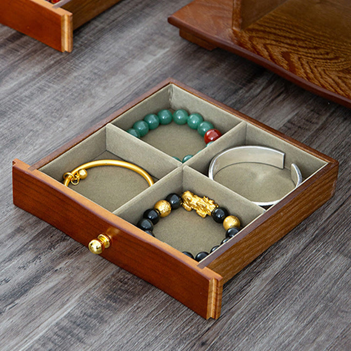 Buddha Stones Vintage Large Capacity Wooden Jewelry Box Jewelry Storage Box With Mirror - image 8