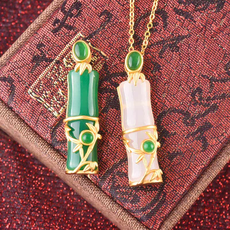 Buddha Stones White Jade Cyan Jade Bamboo Protection Necklace Pendant - image 10