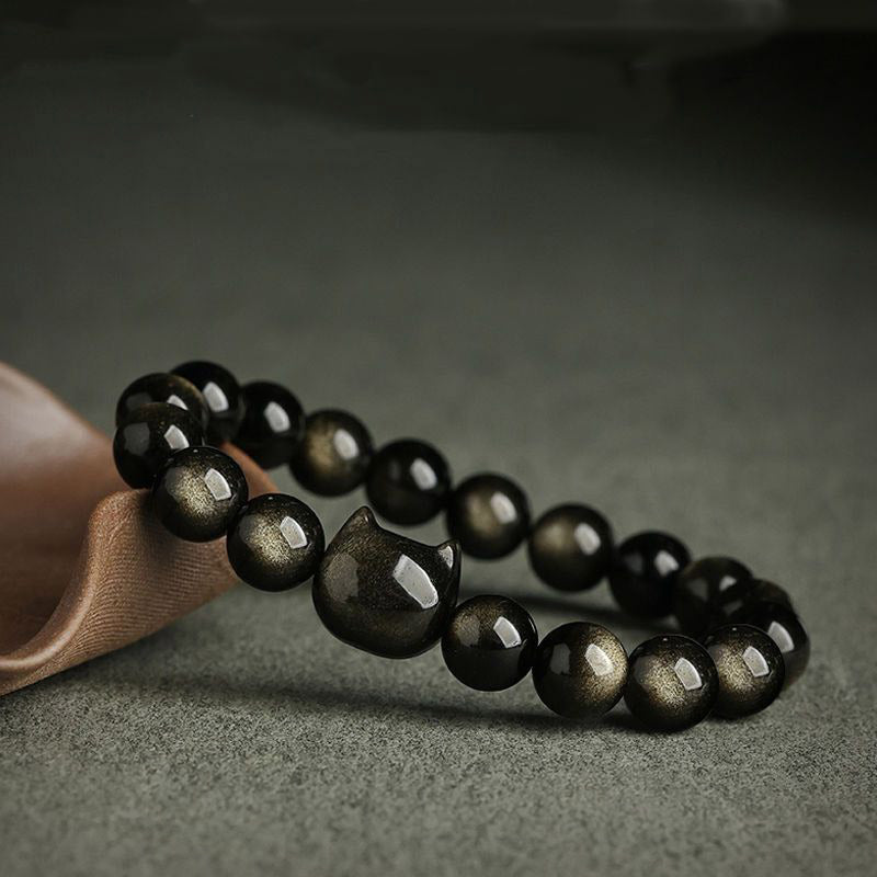 Buddha Stones Gold Sheen Obsidian Silver Sheen Obsidian Lovely Paw Lucky Cat Protection Bracelet - image 4