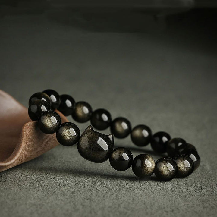 Buddha Stones Gold Sheen Obsidian Silver Sheen Obsidian Lovely Paw Lucky Cat Protection Bracelet - image 4