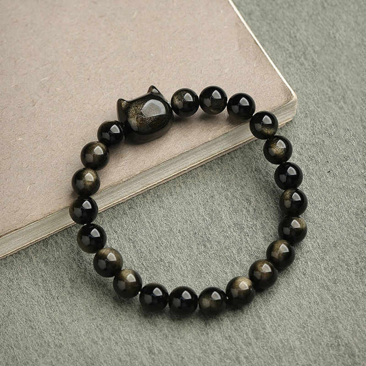 Buddha Stones Gold Sheen Obsidian Silver Sheen Obsidian Lovely Paw Lucky Cat Protection Bracelet - image 5