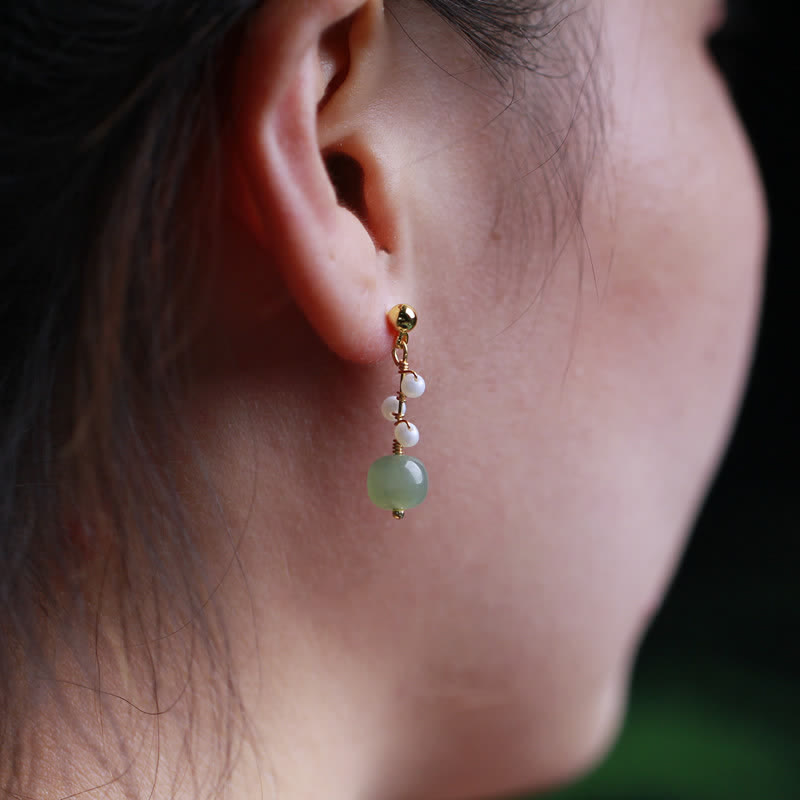 Hetian Jade Flower Pattern 14K Gold Plated Luck Drop Dangle Earrings - image 7
