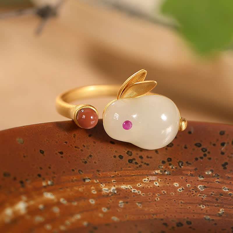 Buddha Stones 925 Sterling Silver Year of the Rabbit Hetian Jade Luck Ring Earrings Necklace Pendant - image 3