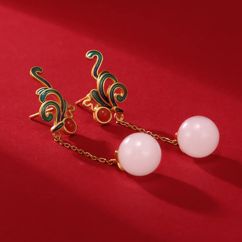 Buddha Stones Vintage White Jade Red Agate Bead Blessing Drop Dangle Earrings - image 1