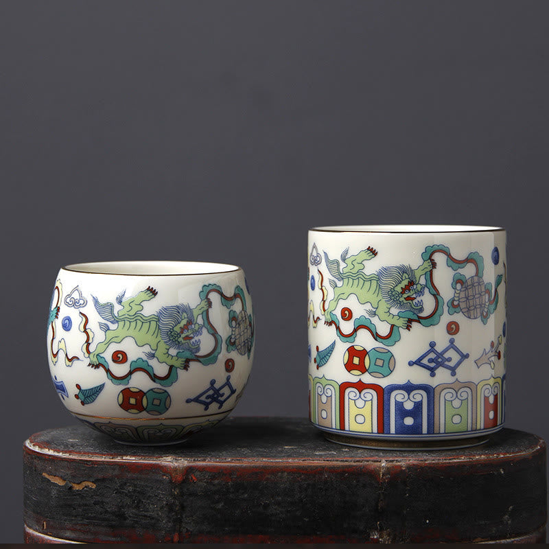 Buddha Stones Vintage Plum Blossom Pine Bamboo Phoenix Kirin Lion Dancing Ceramic Teacup Tea Cups - image 13