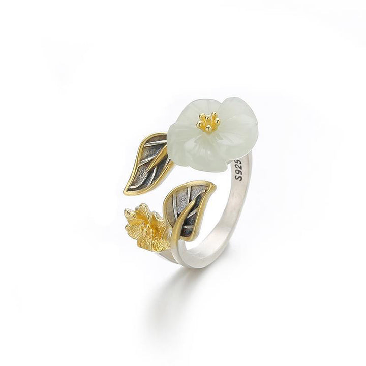 Buddha Stones 925 Silver Plated Copper White Jade Plum Flower Leaf Luck Ring - image 12