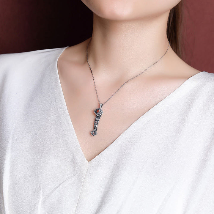 Buddha Stones 925 Sterling Silver Red Agate Cyan Jade Auspicious Clouds Ruyi Handle Blessing Necklace Pendant - image 4