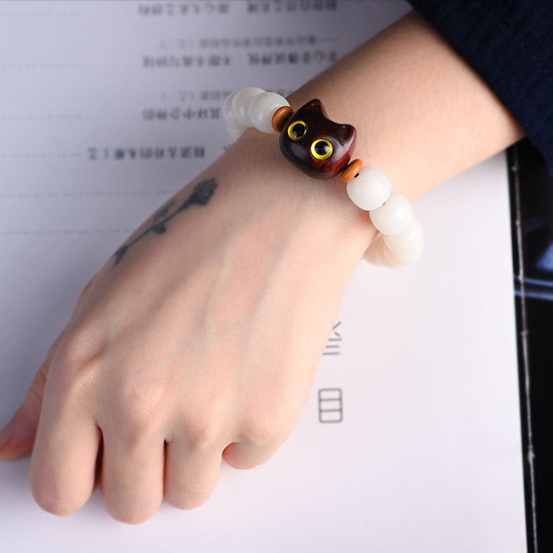 Buddha Stones Natural Bodhi Seed Small Leaf Red Sandalwood Ebony Wood Cute Lucky Cat Wisdom Bracelet - image 6