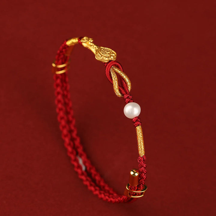 Buddha Stones 24K Gold Wish Ruyi Handle Fu Character Rabbit Pearl Luck Braided Bracelet - image 4