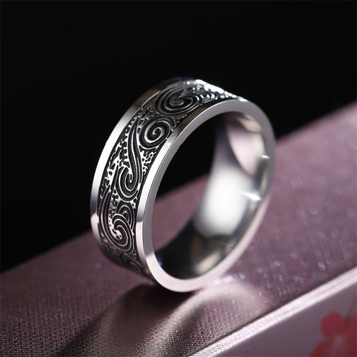 Buddha Stones Vintage Wave Auspicious Clouds Engraved Pattern Titanium Steel Balance Ring - image 2