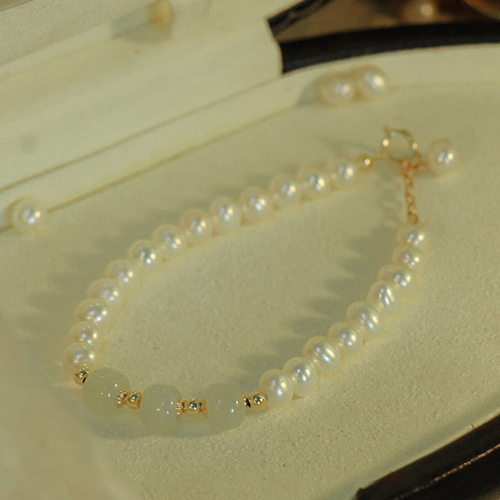 Buddha Stones 14K Gold Plated Natural Pearl Hetian Cyan Jade White Jade Sincerity Bead Chain Bracelet - image 27