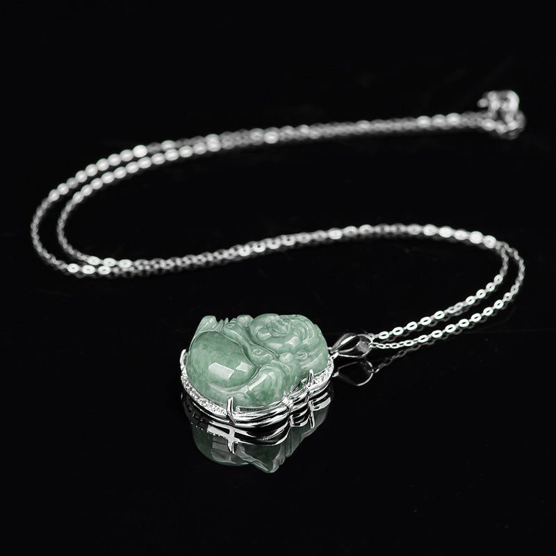 Buddha Stones 925 Sterling Silver Laughing Buddha Jade Abundance Necklace Chain Pendant - image 9