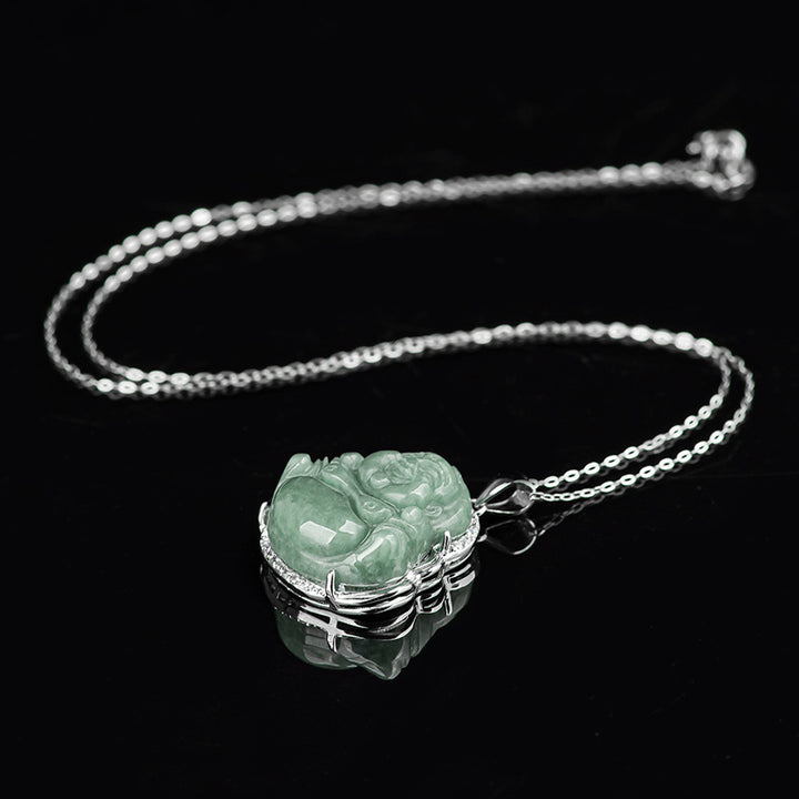 Buddha Stones 925 Sterling Silver Laughing Buddha Jade Abundance Necklace Chain Pendant - image 9