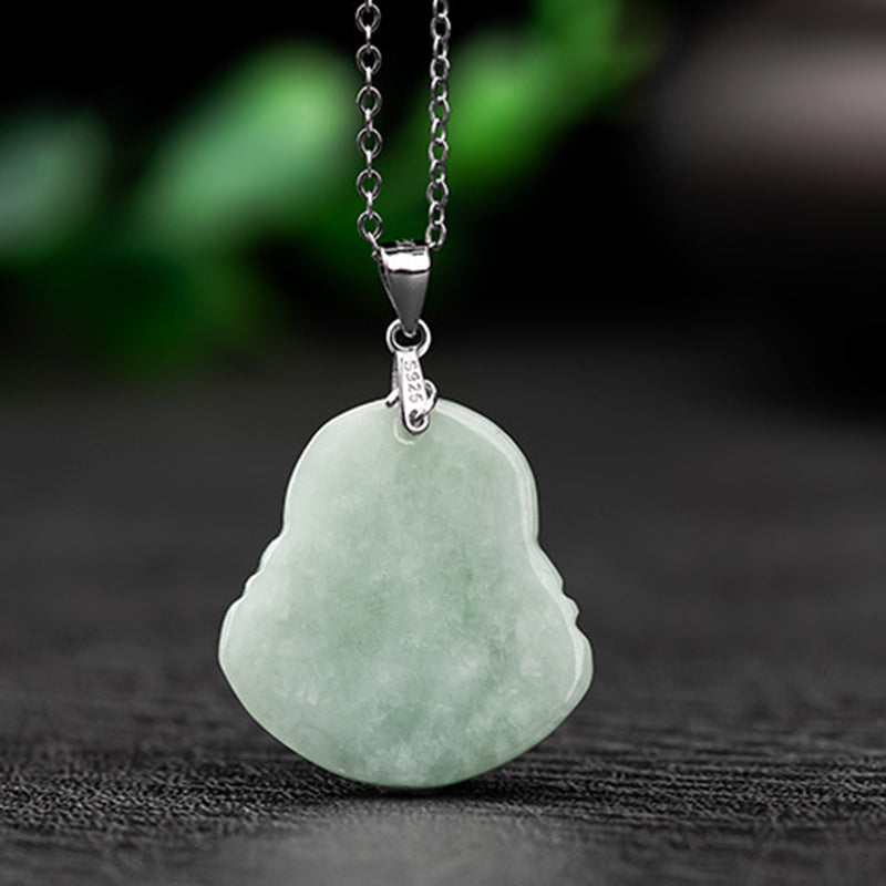 Buddha Stones 925 Sterling Silver Laughing Buddha Jade Blessing Necklace Chain Pendant - image 6