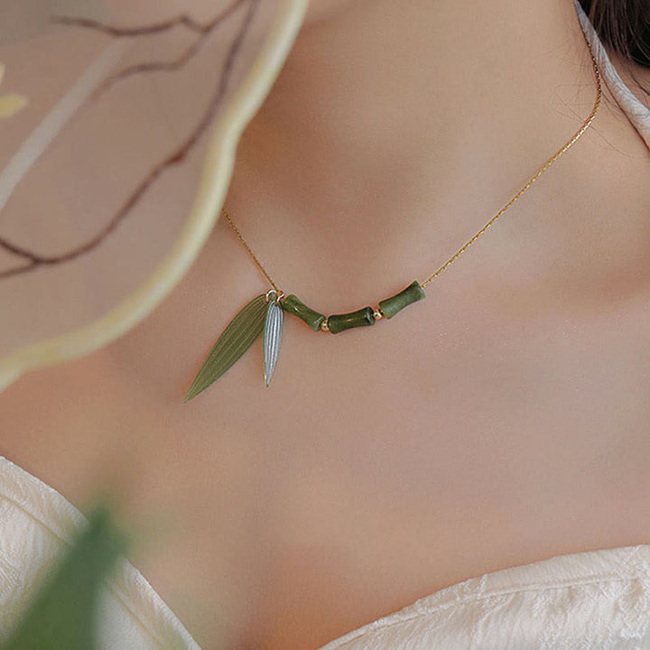 Buddha Stones Bamboo Leaf Jade Design Wealth Necklace Pendant - image 7