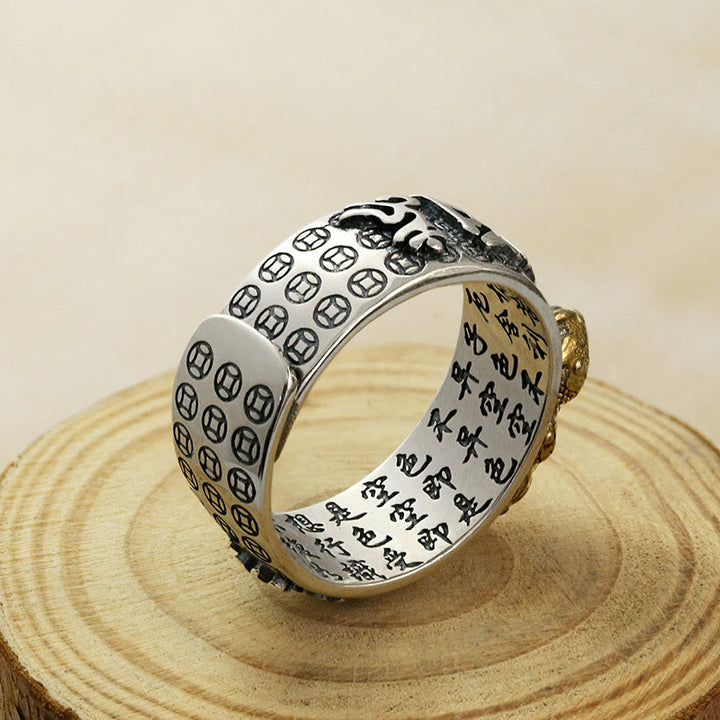 Buddha Stones Tibetan 990 Sterling Silver Om Mani Padme Hum PiXiu Dorje Vajra Heart Sutra Engraved Wealth Ring - image 2