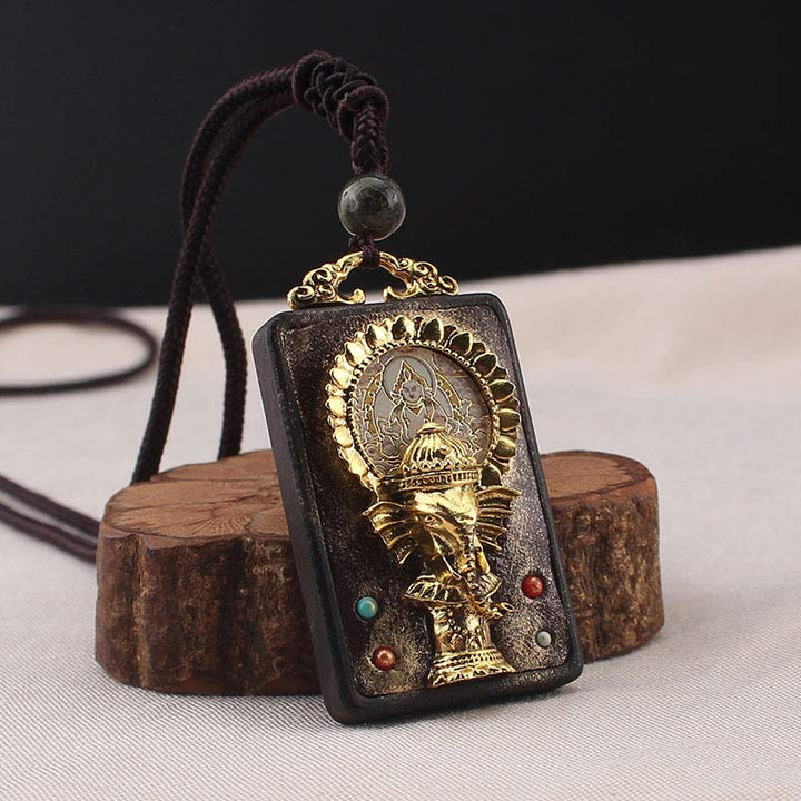 Ebony Wood Elephant God of Fortune Buddha Blessing Necklace String Pendant - image 9