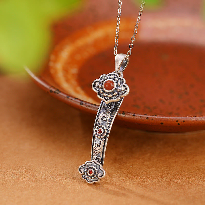 Buddha Stones 925 Sterling Silver Red Agate Cyan Jade Auspicious Clouds Ruyi Handle Blessing Necklace Pendant - Red Agate Ruyi Handle - image 1