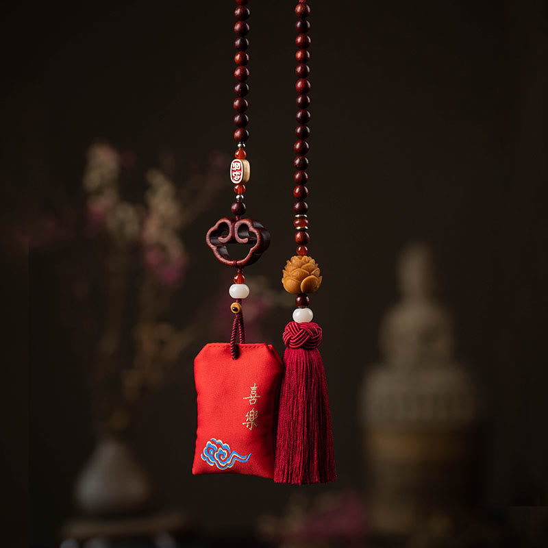 Buddha Stones Tibetan Small Leaf Red Sandalwood Lotus Cinnabar Sachet Protection Tassel Car Hanging Decoration - image 1