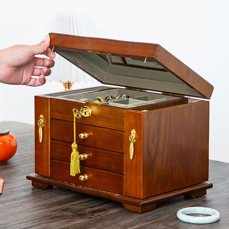 Buddha Stones Vintage Large Capacity Wooden Jewelry Box Jewelry Storage Box With Mirror - Four Layers With Lock 29*19*19.5cm - image 0
