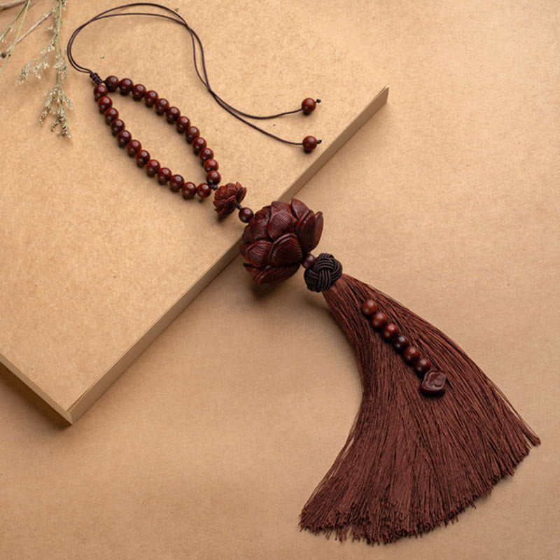 Buddha Stones Tibetan Small Leaf Red Sandalwood Lotus Luck Protection Tassel Decoration - Brown - Bracelet - image 3