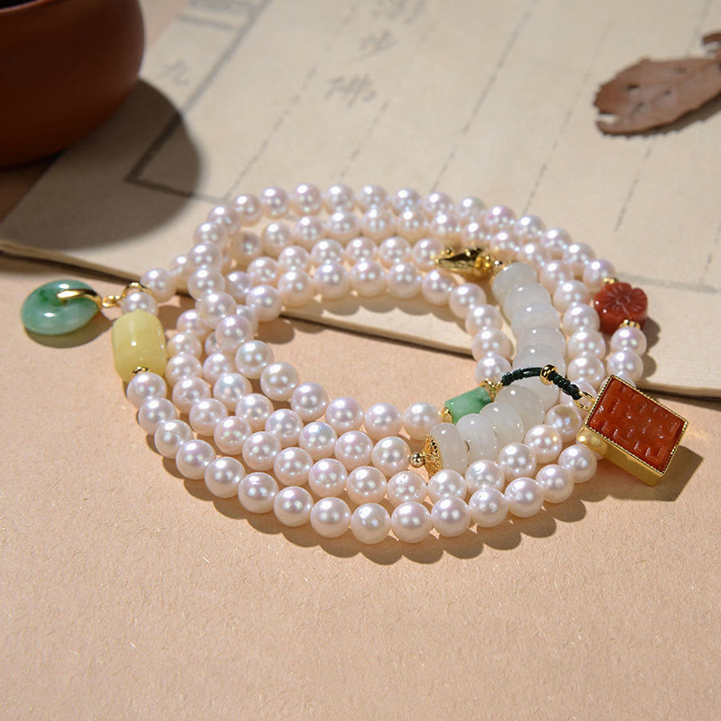Buddha Stones 925 Sterling Silver Pearl Hetian Jade Red Agate Double Happiness Amber Luck Quadruple Wrap Bracelet - image 1