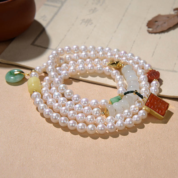 Buddha Stones 925 Sterling Silver Pearl Hetian Jade Red Agate Double Happiness Amber Luck Quadruple Wrap Bracelet - image 1