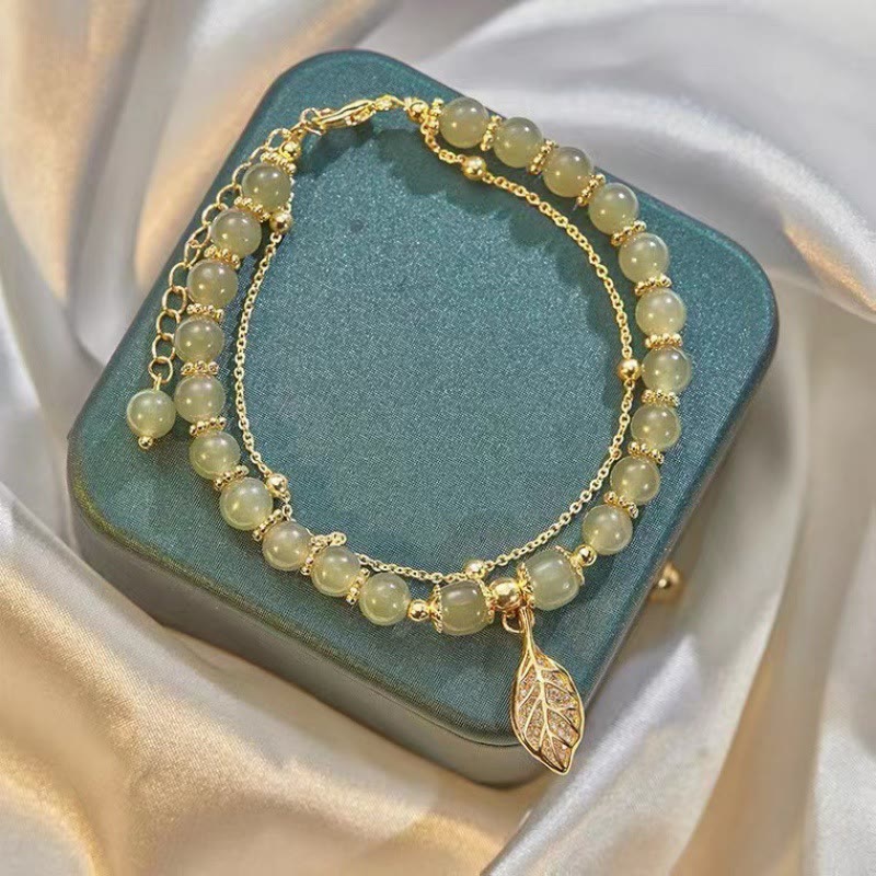 Buddha Stones Jade Leaf Ginkgo Tulip Peanut Fu Character Luck Beaded Bracelet - image 1