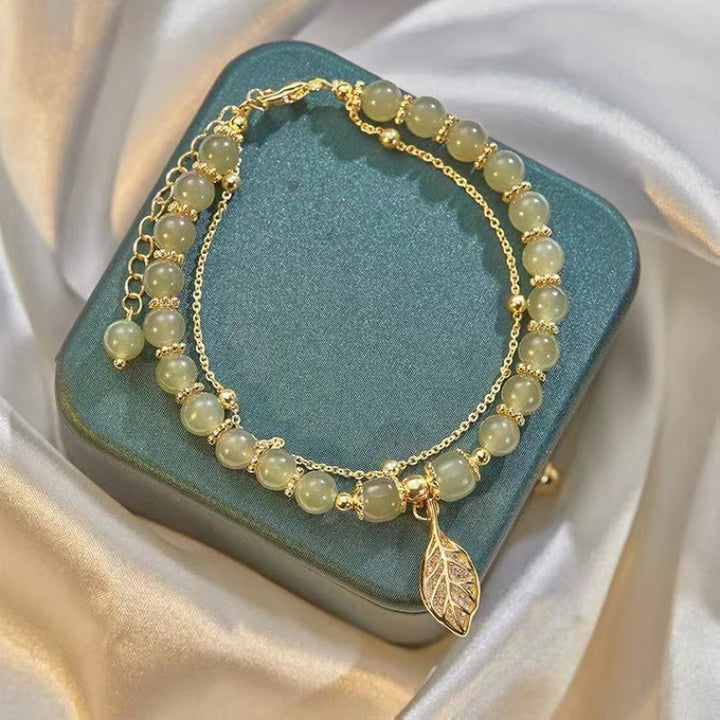 Buddha Stones Jade Leaf Ginkgo Tulip Peanut Fu Character Luck Beaded Bracelet - image 1