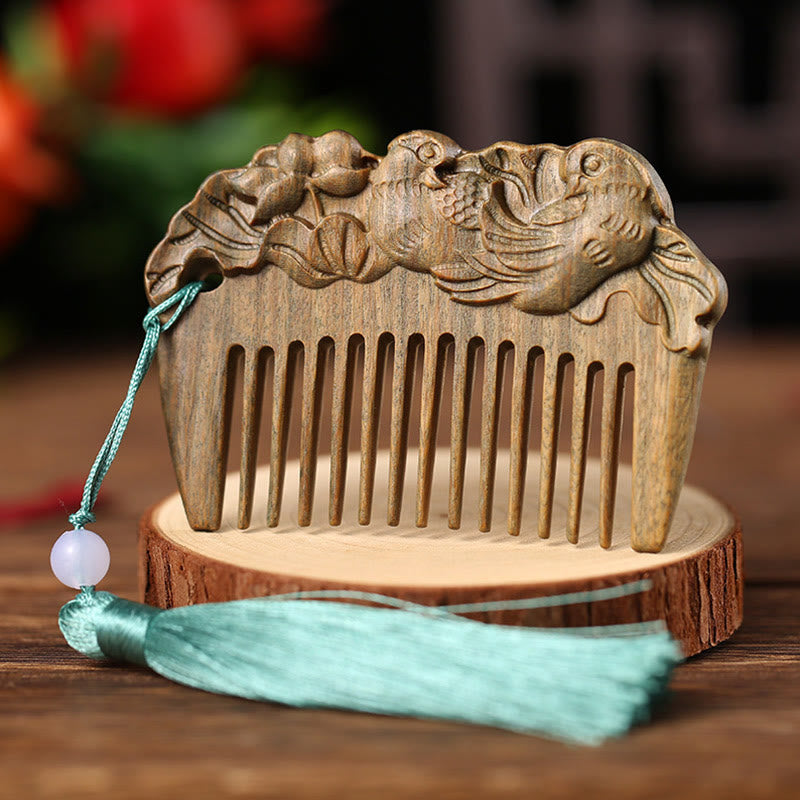 Green Sandalwood Fox Peony Flower Lotus Engraved Cure Tassel Comb - Mandarin Duck Green Sandalwood - image 18