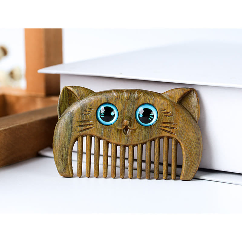 Buddha Stones Simple Cat Pattern Green Sandalwood Cure Portable Comb - image 6