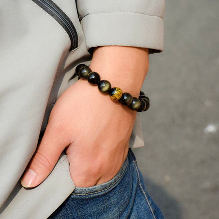 Buddha Stones Chinese Zodiac Natal Buddha Gold Sheen Obsidian Wealth Protection Bracelet - image 3