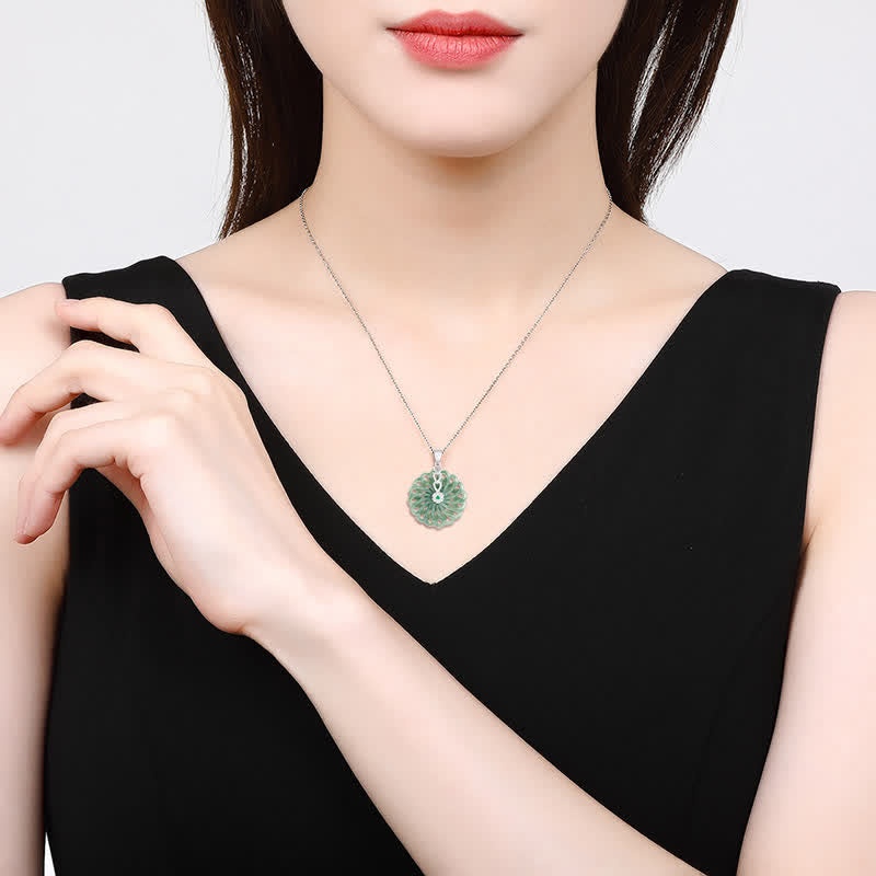 Buddha Stones 925 Sterling Silver Natural Round Jade Peace Buckle Abundance Necklace Pendant - image 2