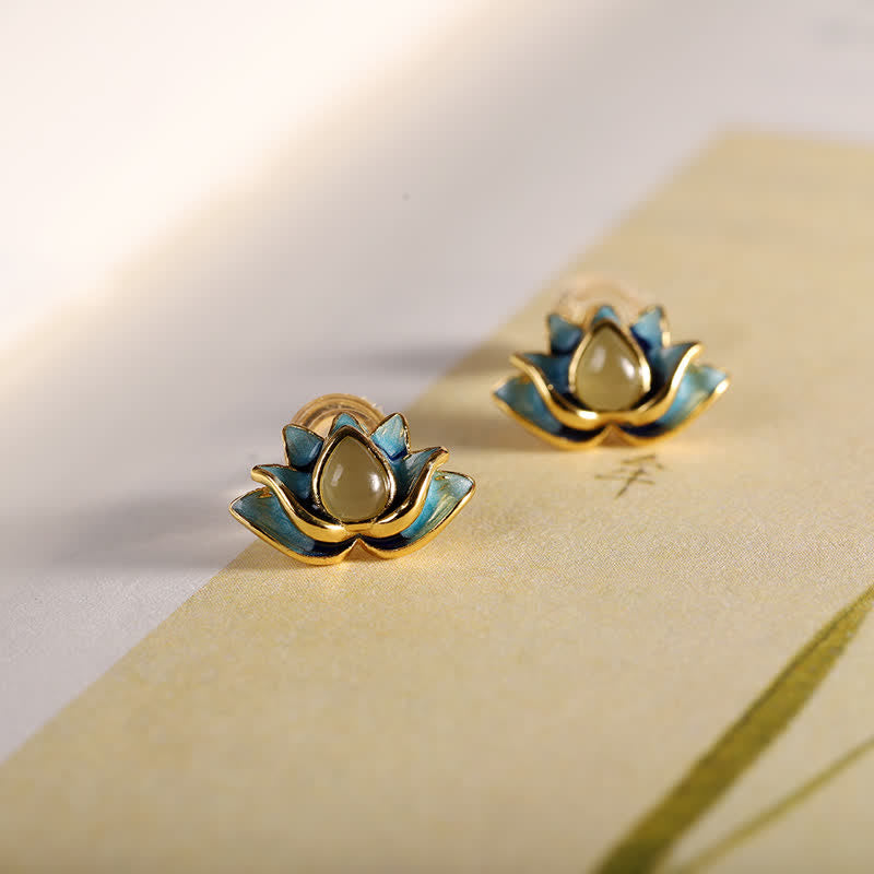 925 Sterling Silver Hetian Cyan Jade Lotus Flower Success Earrings - Hetian Cyan Jade(Success♥Healing) - image 0