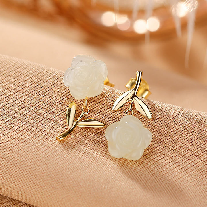 Buddha Stones 925 Sterling Silver Plated Gold Jade Rose Flower Cyan Jade Pearl Luck Earrings - Hetian Jade Leaves - image 1