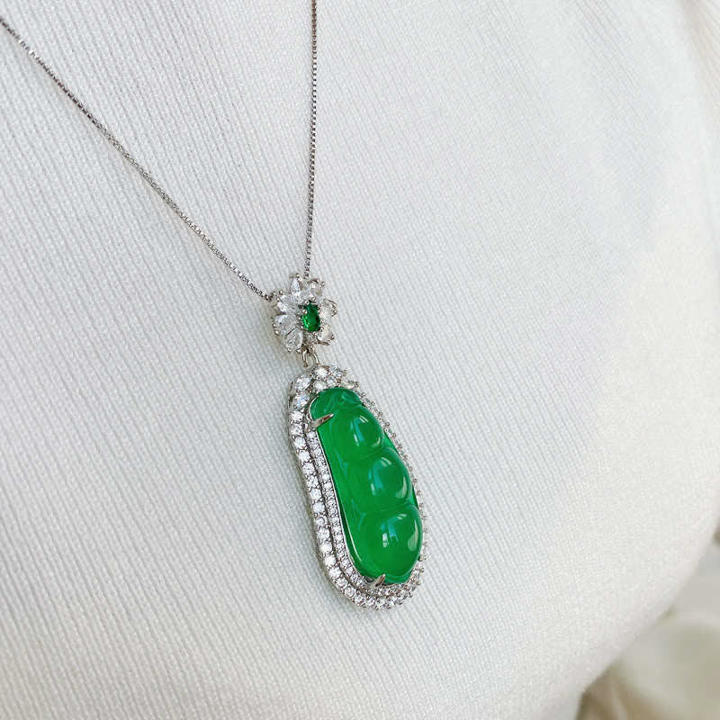 Fortune Bean Cyan Jade Luck Necklace Pendant - image 4