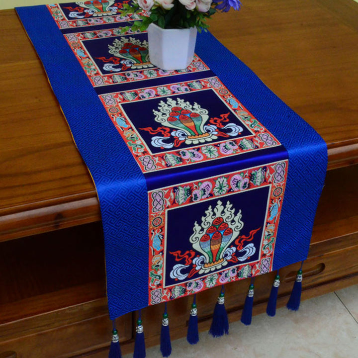 Buddha Stones Prayer Altar Mat Man-Bcu Kalachakra Endless Knot Vajra Tibetan Auspicious Symbols Tassels Table Runner - The Chintamani Jewel - Blue - 190*33cm - image 19