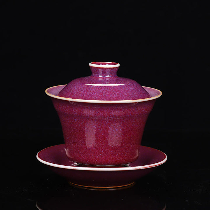 Buddha Stones Retro Glaze Kiln Change Ceramic Gaiwan Sancai Teacup Kung Fu Tea Cup And Saucer With Lid - Red - 9.8cm*9cm*150ml - image 7