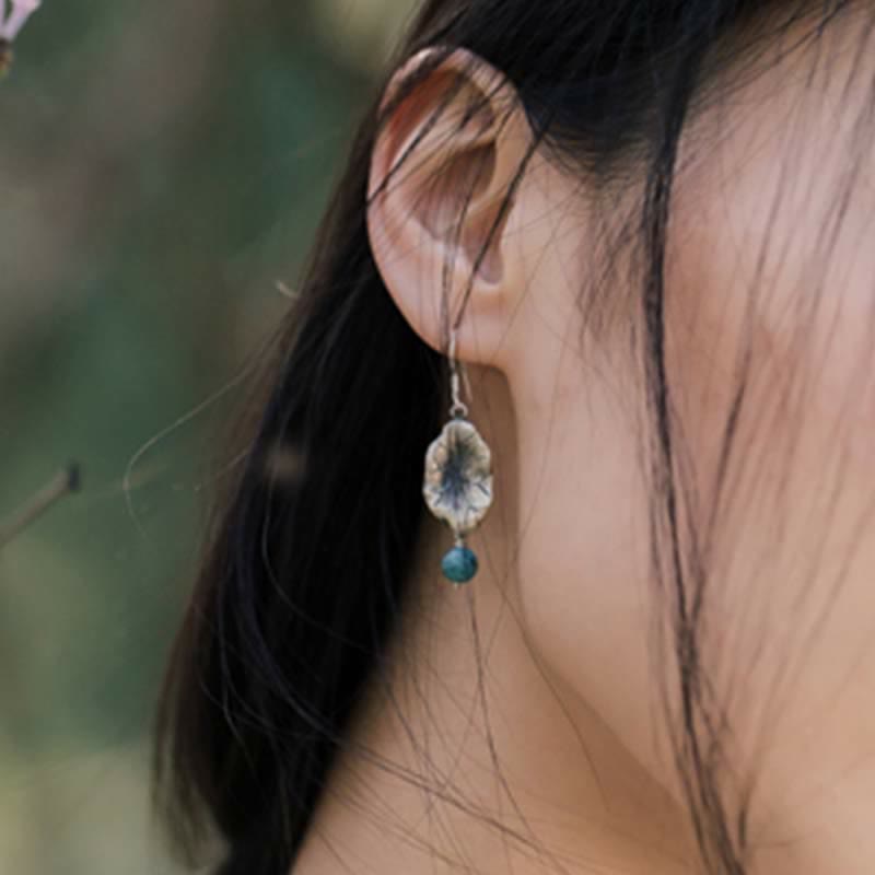 Buddha Stones 925 Sterling Silver Turquoise Lotus Leaf Protection Drop Dangle Earrings - image 3