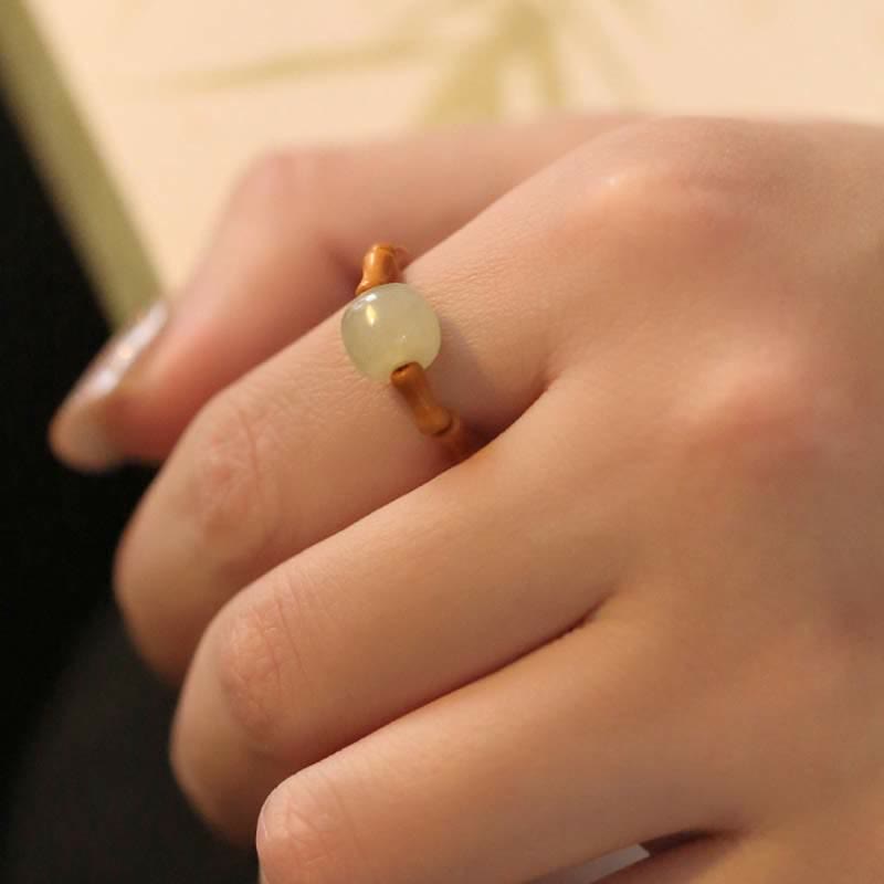 Buddha Stones Hetian Jade Beaded Bamboo Prosperity Luck Ring - image 5
