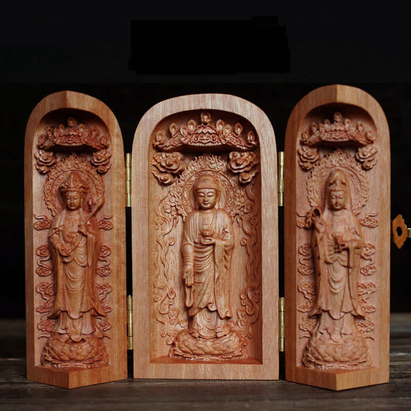 Avalokitesvara Kwan Yin Buddha Cherry Wood Compassion Home Decoration Altar - Three Western Saints&Lotus - image 3