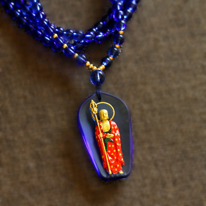 Buddha Stones Ksitigarbha Buddha Liuli Crystal Compassion Amulet Necklace Pendant - Blue Standing Ksitigarbha - image 6