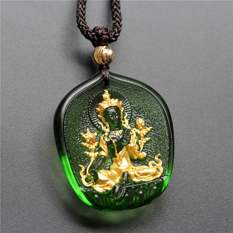 Buddha Stones Tibetan Green Tara Buddha Gold Plated Liuli Crystal Protection Necklace Pendant - Green Tara - Golden Version - image 0
