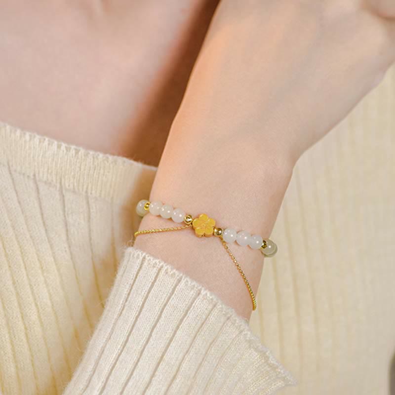 Buddha Stones 925 Sterling Silver Natural Hetian Jade Peach Blossom Luck Chain Bracelet - image 4