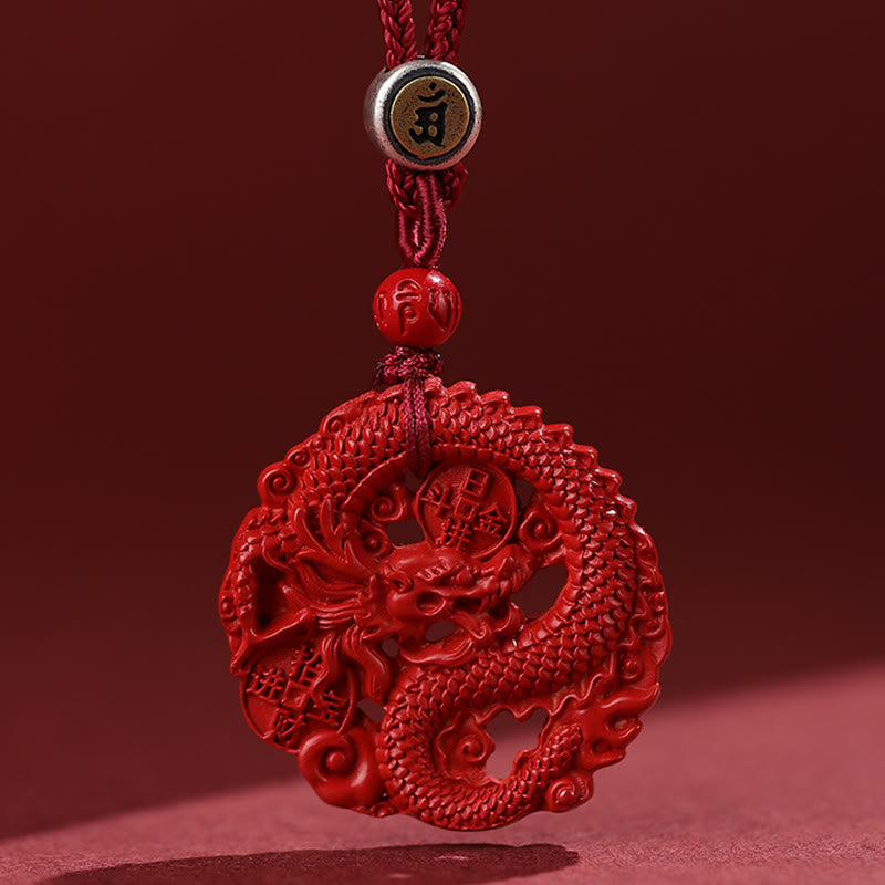 Buddha Stones Year of the Dragon 925 Sterling Silver Natural Cinnabar Copper Coin Luck Necklace Pendant - Red Rope - Small 34.5mm - image 2