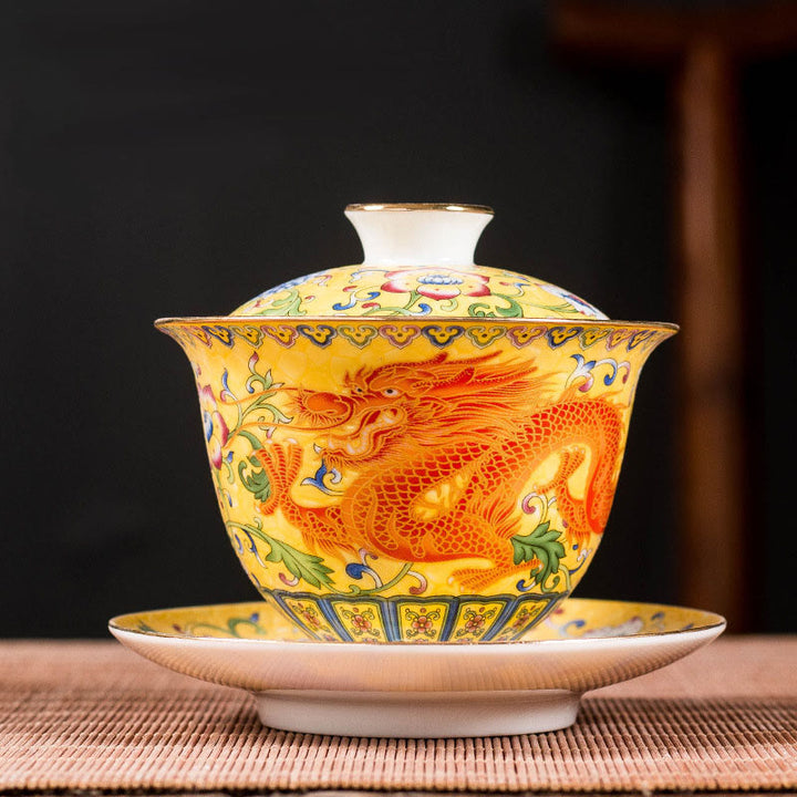 Buddha Stones Dragon Phoenix Flower Design Ceramic Gaiwan Sancai Teacup Kung Fu Tea Cup And Saucer With Lid - Yellow - Dragon 9.5cm*9.3cm*160ml - image 6