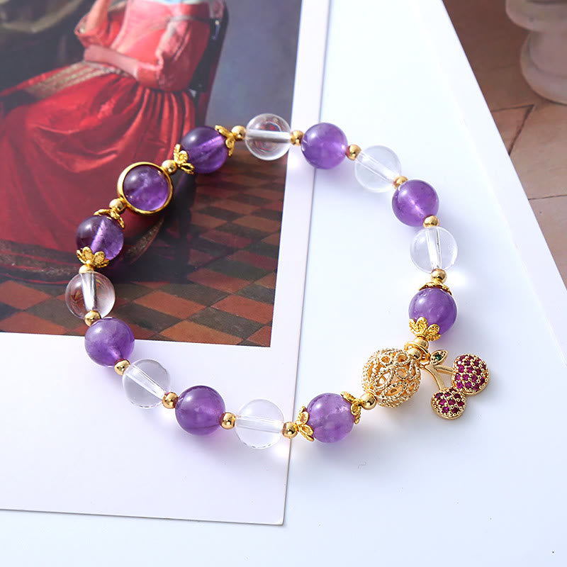 Buddha Stones Natural Amethyst White Crystal Positive Cherry Charm Bracelet - image 1