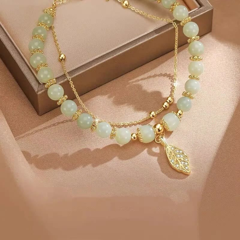 Buddha Stones Jade Leaf Ginkgo Tulip Peanut Fu Character Luck Beaded Bracelet - image 3